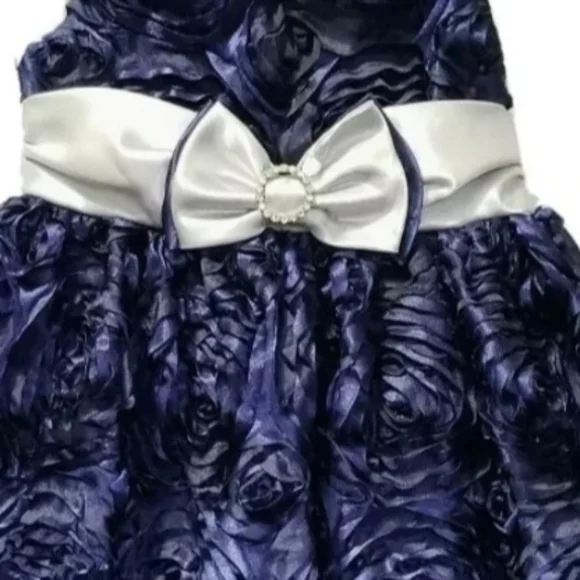 Navy blue rose roses rosette bow dress gown 3 3T